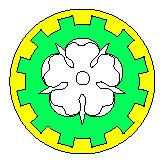 Vert, a rose argent barbed and seeded proper within a border embattled Or