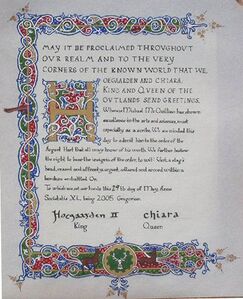 The scroll commemorating Michael Mcquillan's induction into the Order of the Argent Hart.