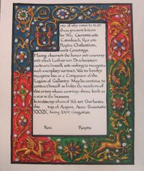 Scroll by Averil duBois d'Avignon to commemorate Lothar von Drachenstein being inducted into the Legion of Gallantry