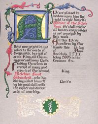 The scroll commemorating Melchior Hebenstreit's induction into the Order of the Silver Tyne. Done by Aine inghean Cormac.