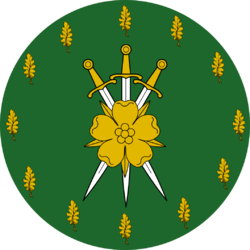 Vert, a sheaf of three swords inverted proper surmounted by a rose, all within an orle of oak leaves Or.