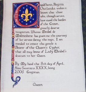 The scroll commemorating Mirabel de Malmesberie's receipt of the Queen's Cypher.