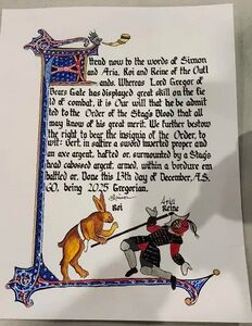 Stag's Blood of the Outlands scroll. Calligraphy by Lewena de Galwedia and illumination by Kokechin Q'oa