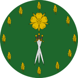 Vert, a sheaf of three swords inverted proper surmounted by a rose, all within an orle of oak leaves Or.