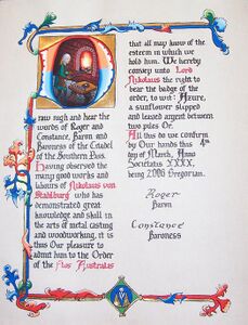 The scroll commemorating Nikolaus von Stahlberg admittance to the Order of the Flos Australis.