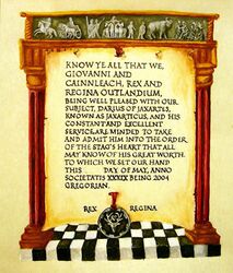 Scroll by Averil duBois d'Avignon to commemorate Darius of Jaxartes induction into the order of the Stag's Heart