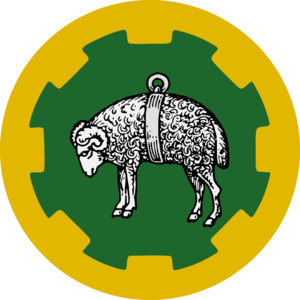 Vert, a fleece argent, within a bordure embattled Or