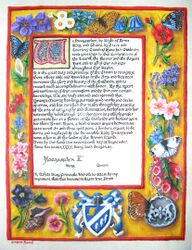 Scroll to commemorate Ymanya Murray's induction into the Order of the Flower. Done by Averil duBois d'Avignon.